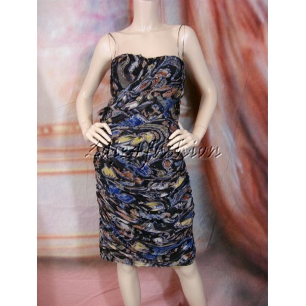 $2620 New BLUMARINE Strapless Blue Black Green Yellow Silk Art Print Dress 12